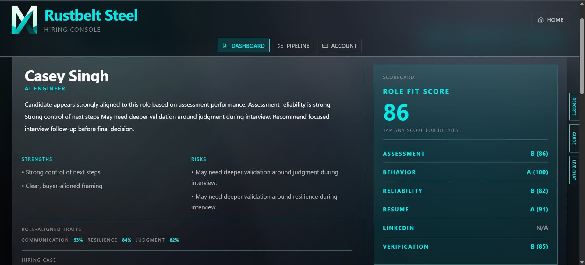 Method Signals candidate scorecard showing role-fit evidence, strengths, risks, and assessment dimensions